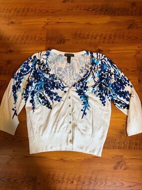 INC International Concepts White Cardigan with Blue Floral Print